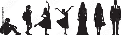 Versatile Collection of Black Silhouettes Featuring People in Diverse Poses Including Dancing Students and Professional Business Figures Isolated on a Clean White Background