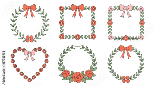 Floral wreath frames with bows, heart garland, rose corners, romantic label set, valentine card, engagement party, wedding invitation design