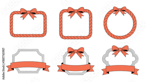 Ribbon frame and banner set, rounded square wreaths, bow toppers, wedding program, bridal shower invite, love celebration graphics vector