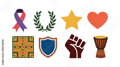 Community celebration icons, awareness ribbon, laurel wreath, gold star, heart, cultural textile tile, shield badge, raised fist, drum festival vector