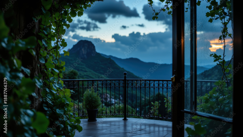 Fototapeta premium A balcony overlooks a lush, green mountain ridge under a dusky sky. Emerald ivy climbs the walls. A potted plant sits on the balcony, with a view extending into the distance.