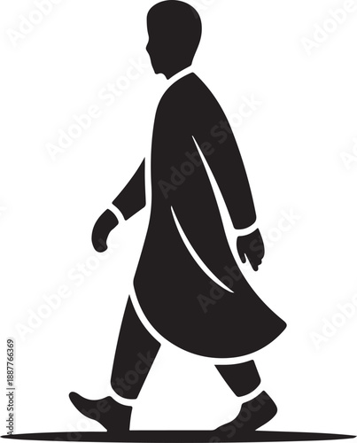 Silhouette of a person walking forward wearing traditional robes or a long flowing garment with purpose