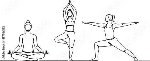 Vector Line Art Female Yoga Poses. Isolated illustration of Woman in Lotus, Tree, and Warrior II Pose. isolated PNG with Transparent Background
