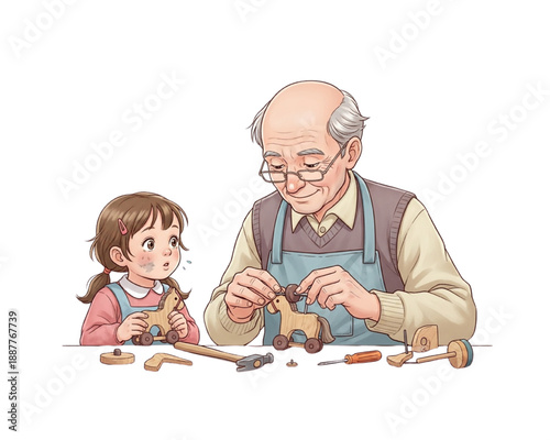 Grandfather teaching little girl woodworking and repairing wooden toy horse, family bonding DIY craft activity, intergenerational learning and handmade hobby concept flat vector