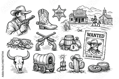 Wild west and cowboy adventure vector set in vintage engraving style featuring outlaw character saloon pistols wanted poster and western landscape.