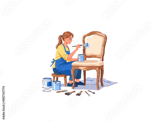 Woman repainting vintage chair with brush and paint cans, DIY furniture makeover and upcycling home decor restoration concept flat vector illustration isolated on white