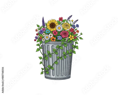 Colorful wildflowers growing from trash can with vines, nature reclaiming pollution concept, eco sustainability and upcycling idea flat vector illustration isolated on white