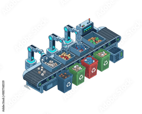 Automated waste sorting line isometric vector. Robotic arms separating trash on conveyor belt into recycle bins. Smart industrial recycling factory technology illustration.