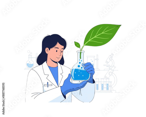 Bioplastics research concept scientist in laboratory holding flask transforming into green leaf, biodegradable materials innovation clean blue medical science aesthetic flat vector isolated