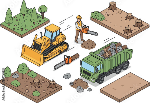 Deforestation and Logging Process Illustrated with Heavy Machinery and Worker