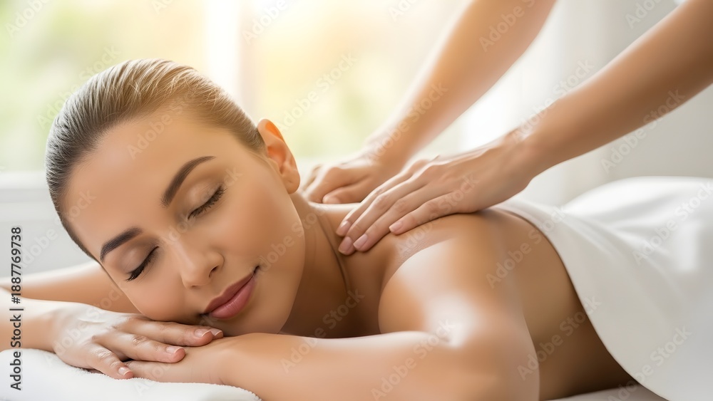 Obraz premium Indulge in a serene spa experience, as a relaxed individual receives a soothing massage, promoting relaxation and well-being. Capturing the essence of tranquility.