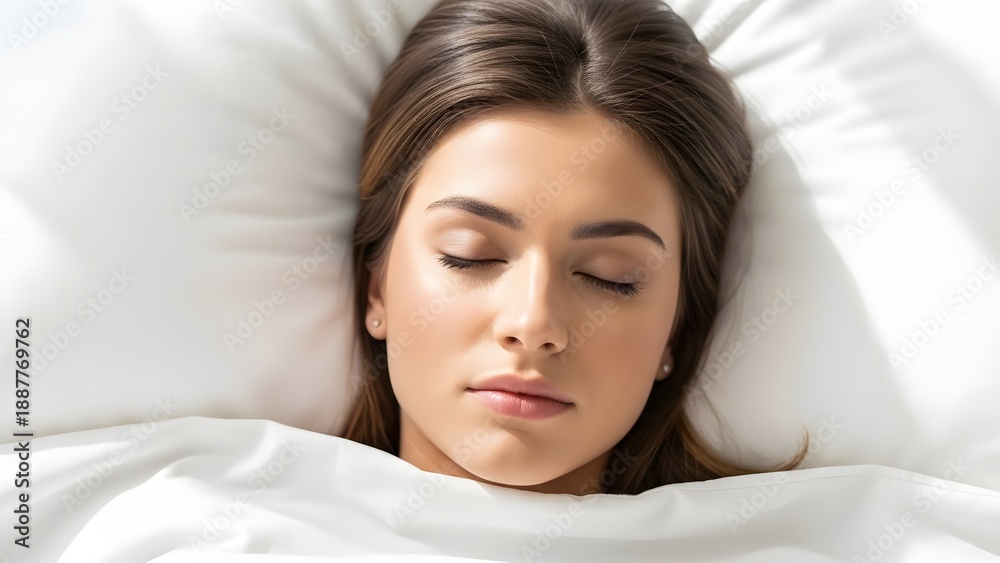 Fototapeta premium A serene young woman rests peacefully on a soft pillow, cocooned in the comfort of a warm blanket. eyes gently closed. evoking the calmness and restorative nature of sleep.