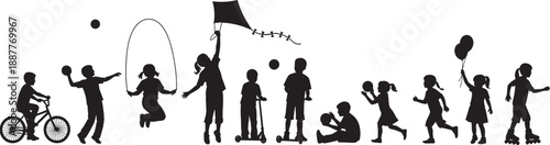 Black silhouette collection of children playing diverse activities including bicycling jumping rope flying kite and skating isolated on white background for childhood recreation design
