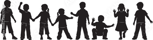 Black silhouette collection of a diverse group of happy children and kids playing and holding hands isolated on white background for elementary school concept