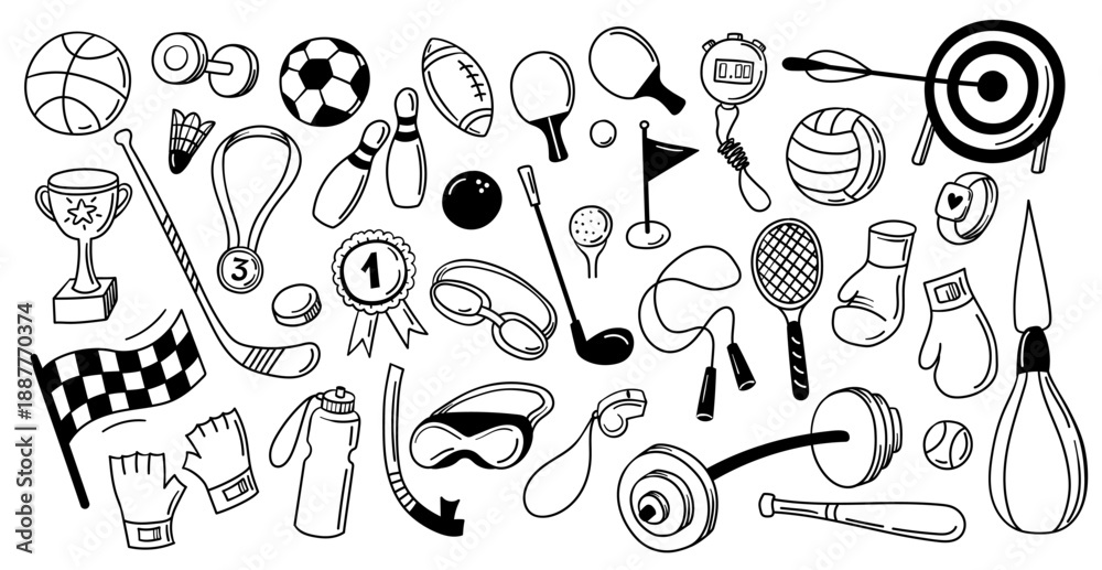 Fototapeta premium Sports equipment doodle set. Balls and trophy, rackets and boxing gloves, target and stopwatch, barbell, dumbbell and flag. Vector set for workout stickers, kids activity and award or education app