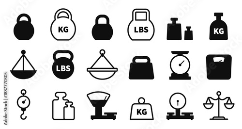Weighing scale and weight icons with kilogram and pound symbols for fitness gym equipment, freight measurement and laboratory tools. Dumbbells and balance dials vector silhouette isolated set