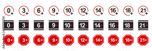 Age rating icons, warning labels and parental guidance badges for content restriction, media compliance and child safety. Vector isolated set