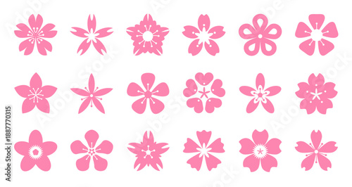 Sakura cherry flower blossom floral set for spring wedding invitation, Japanese Hanami pattern and romantic card or background. Vector collection of decorative pink bud silhouettes