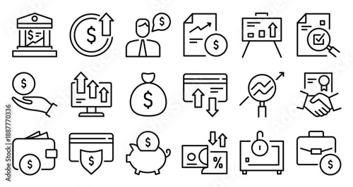 Finance and banking line icons. Profit chart and handshake deals, business investment, revenue growth, payment transaction. Budget planning, security verification, analytics presentation. Vector set