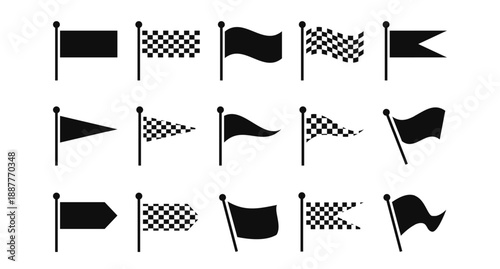 Checkered flag and racing icons for motorsport victory, speed rally competition, win or podium finish in race event. Navigation waving flag pins, wayfinding pennant symbols vector isolated set