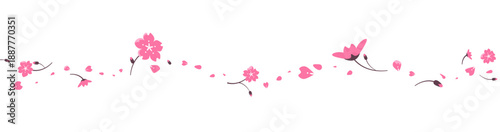 Sakura blossom flowers border with falling pink petals. Spring sale header, horizontal frame for banner, Japanese style text divider, headline for spring promotion poster. Vector template