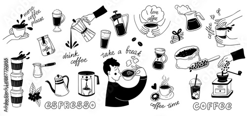 Espresso and coffee shop doodle icon set with barista tools, coffee grinder and coffee pot, for cafe menu packaging, social media stickers. Vector hand drawn doodle style