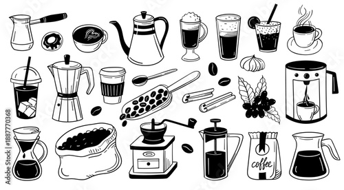 Doodle coffee. Bean, latte and espresso machine and pour over tool for cafe branding, menu labels and brewing method. Sketch vector set in outline for breakfast packaging, coffee stickers and logo