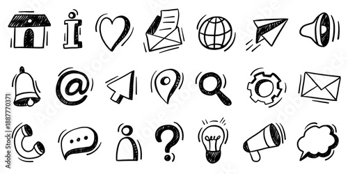 Contact and communication doodle icons. Hand drawn home, mail envelope and globe, paper plane and map pin, cursor and gear, light bulb and user, search magnifier menu signs. Vector sketch icon set
