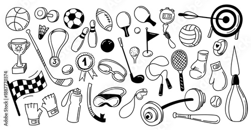 Sports equipment doodle set. Balls and trophy, rackets and boxing gloves, target and stopwatch, barbell, dumbbell and flag. Vector set for workout stickers, kids activity and award or education app