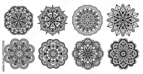 Mandala floral, geometric rosettes for sacred yoga logos, mehendi tattoo art, anti-stress coloring pages. Boho vector set circular ornament for henna vintage pattern, luxury decorative circle emblem