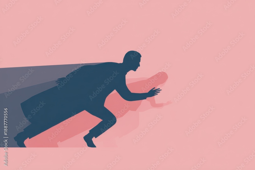 Fototapeta premium Surreal illustration of man running with shadow representing imposter syndrome
