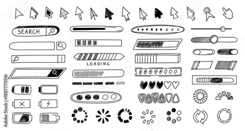 UI icon doodle. Hand drawn cursor button and interface slider, loading spinner, toggle switch and pointer, search bar and battery charge sign for web dashboard, app mockup. Vector sketch isolated set