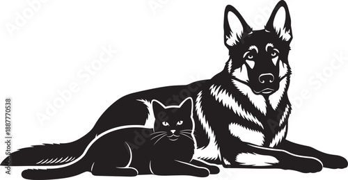 Black and white vector silhouette of a German Shepherd dog and a domestic cat lying together as pet companions isolated on white background