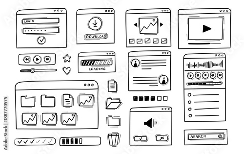 Browser UI wireframe set. Doodle widget and login form for app prototype dashboard, web chart, file system for responsive desktop. Outline icons for media player, search bar vector isolated set