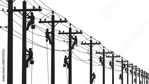 Black and white silhouettes of professional linemen working on electrical power lines and utility poles representing high voltage energy distribution and telecommunications infrastructure maintenance.