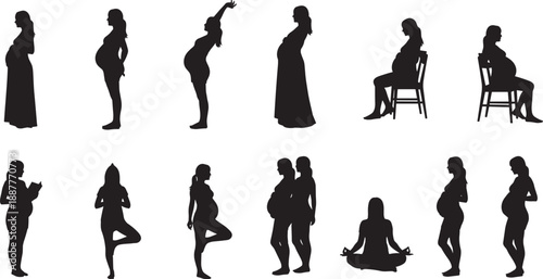 Collection of black and white silhouettes featuring heavy construction machinery including excavators bulldozers and tower cranes with industrial workers for building and infrastructure 