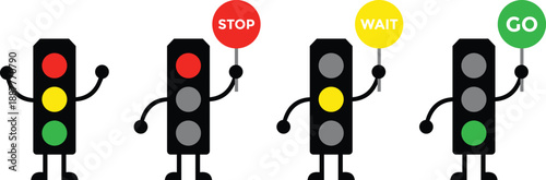 Traffic Control Gesture Icon Set: Stop, Wait, Go and Thumbs Up Safety Signals in Red, Green and Yellow Vector.