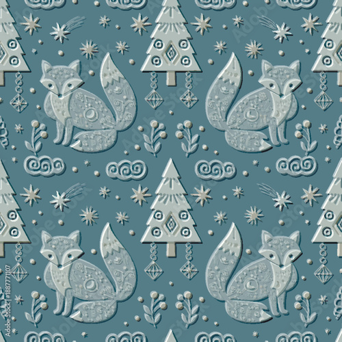 3D embossed seamless pattern with ornate winter foxes and Christmas trees. Decorative gray blue textured folk art style with stars and clouds. Elegant winter woodland vector endless emboss background.