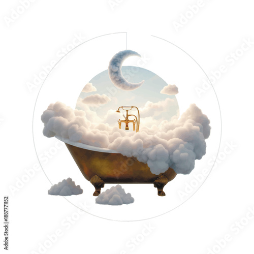 Surreal illustration of vintage clawfoot bathtub overflowing with fluffy white clouds. A crescent moon hangs above a golden faucet in a dreamlike, celestial atmosphere. Ethereal art. Isolated vector.