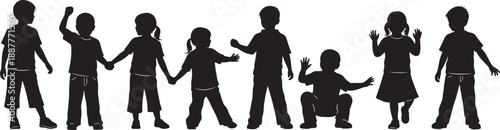 Black silhouette collection of a diverse group of happy children and kids playing and holding hands isolated on white background for elementary school concept