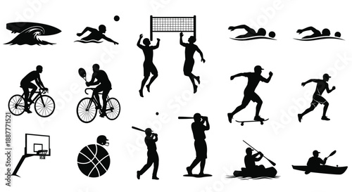 Collection of various sports silhouettes on white background