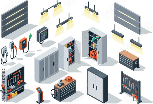 Garage Organization Isometric Illustrations Tools, Storage, and Workspace Design