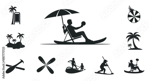Collection of black silhouette water sports and beach elements
