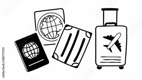 Illustration of travel essentials including passport luggage and globe for international travel plans on transparent background silhouette