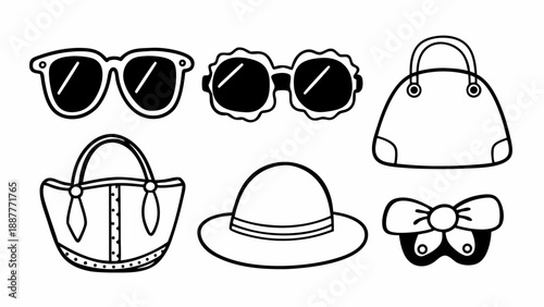 Illustration of sunglasses, bags, a hat, and a bow tie in black and white outline style drawing on transparent background silhouette