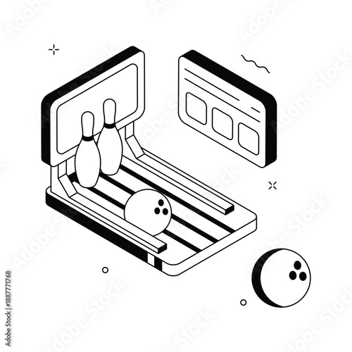 Modern isometric illustration showcasing bowling sport and indoor recreation