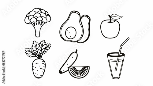 Outline drawing of broccoli, avocado, apple, carrot, cucumber, and juice glass on a white background on transparent background silhouette