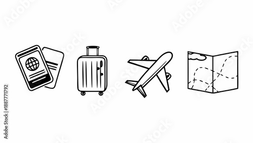 Outlined travel icons showing passport, suitcase, airplane and a map for adventure and exploration on transparent background silhouette