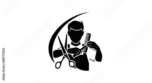 Dynamic Barber Silhouette with Scissors and Comb Actively Cutting Hair on Isolated White Background