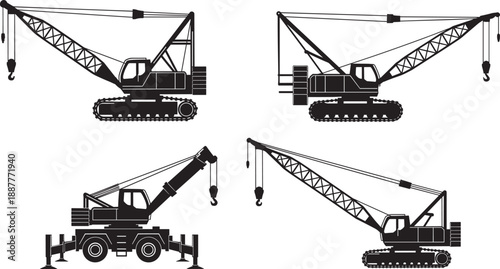 Collection of black and white crane silhouettes isolated on white background representing heavy construction machinery, industrial lifting equipment, 
